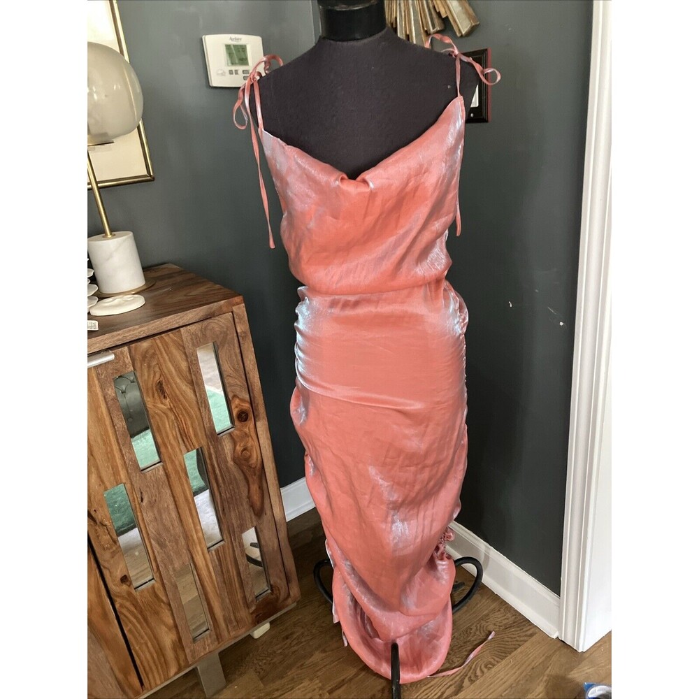 Pretty Little Thing Pink Metallic Shimmer Cowl Neck Tie Strap Midi Dress 10 US